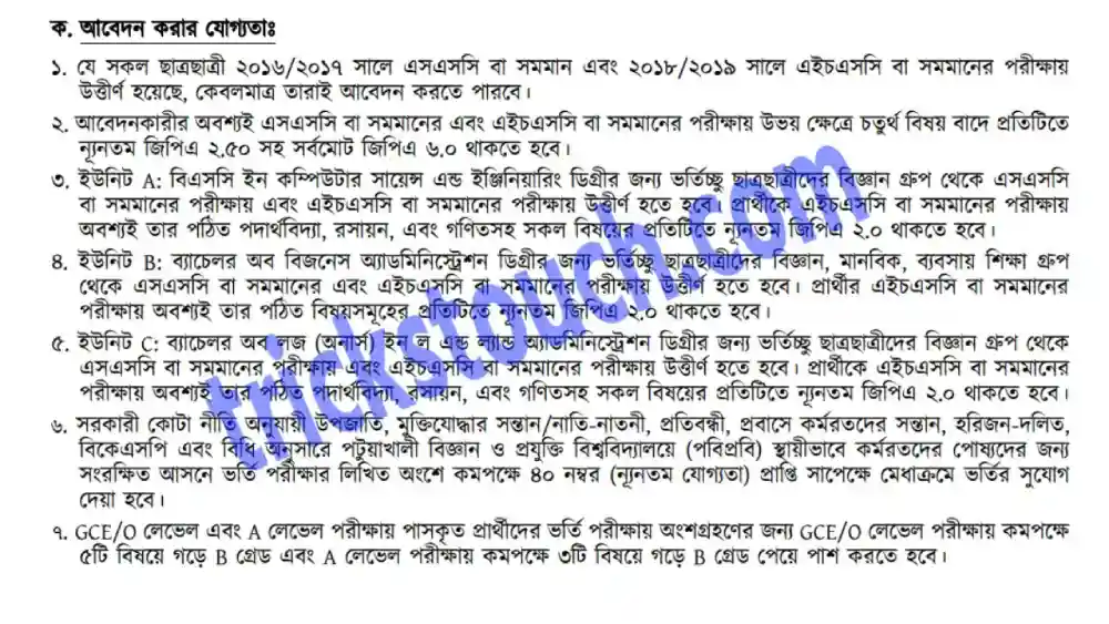 পটুয়াখালী বিজ্ঞান ও প্রযুক্তি বিশ্ববিদ্যালয় ভর্তি যোগ্যতা